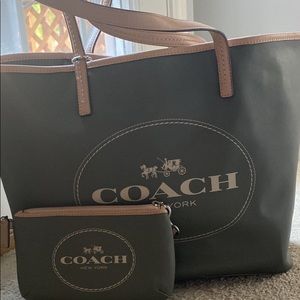 Sage green coach leather bag with matching wristlet